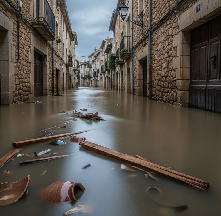 Calle estrecha de un pueblo histórico en Cataluña completamente inundada con agua turbia y escombros tras las lluvias torrenc