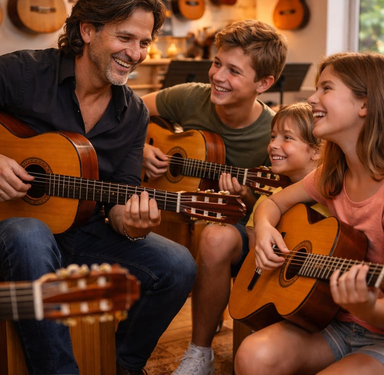 gitaarles in Rotterdam: gitaardocent Vicente geeft les aan een leerling in zijn studio