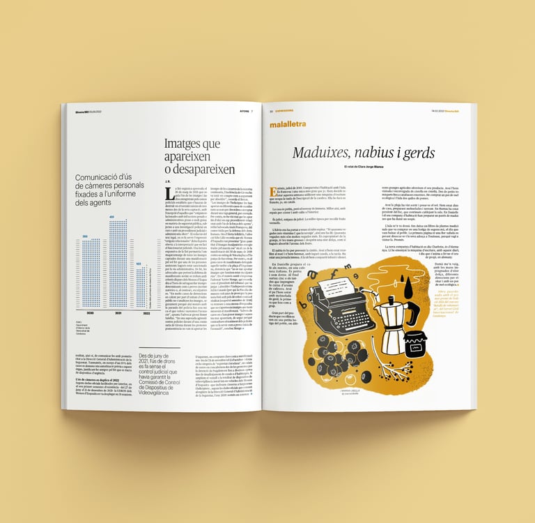 article page of a magazine showing an illustration with a typewriter and coffee