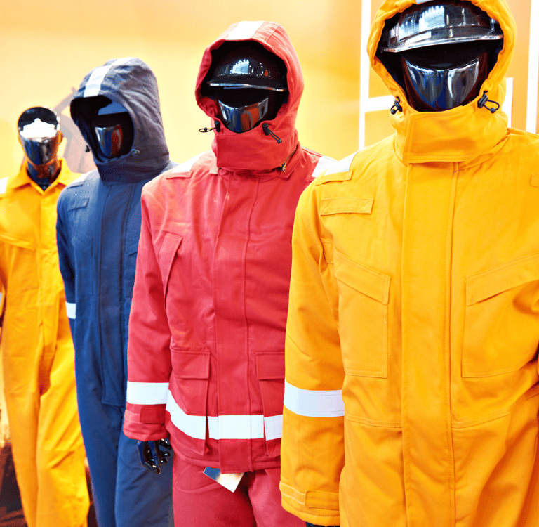 a group of mannequins wearing safety gear