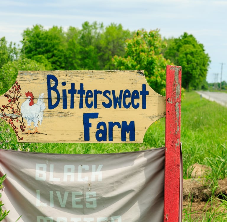 A hand painted sign with a rooster that says "Bittersweet Farm".