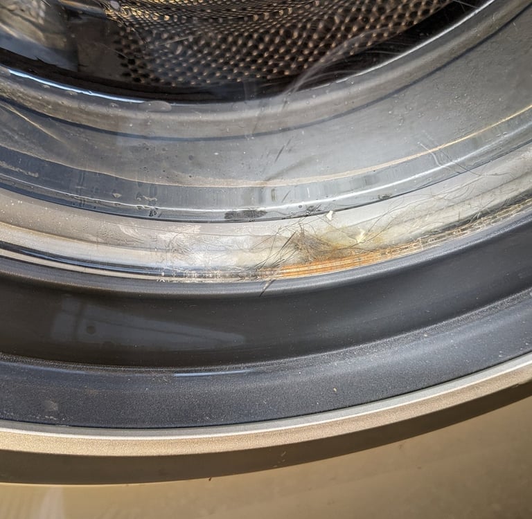 Front load washer door with stuck hair