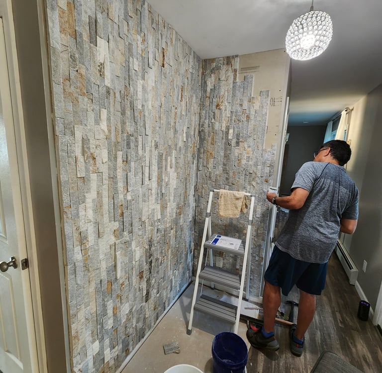 before photo of marble tile hallway in new england