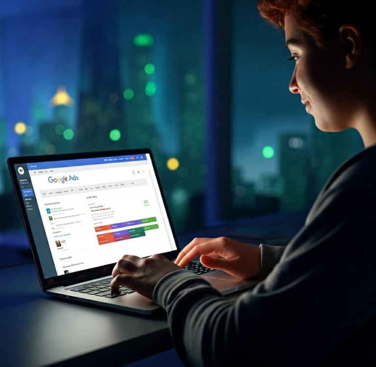 a person working on a laptop with Google Ads dashboard open, looking focused and satisfied
