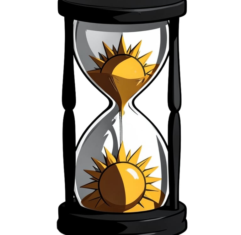 Minimalist illustration of a black hourglass containing suns instead of sand on a white background.