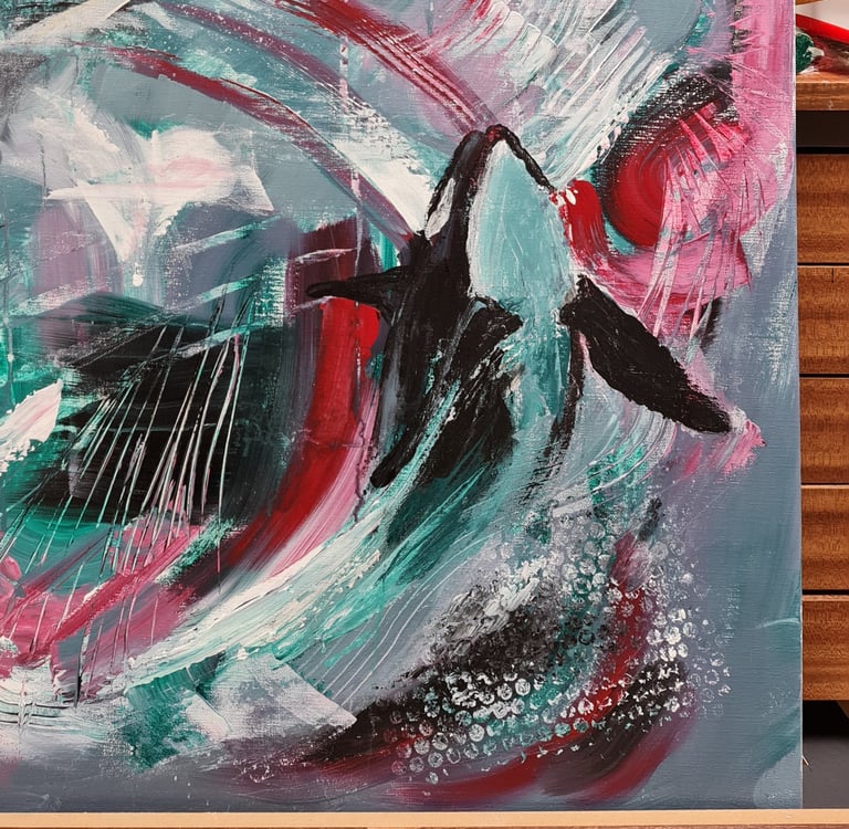 Abstract acrylic painting featuring expressive teal, red, and black brushstrokes on canvas.
