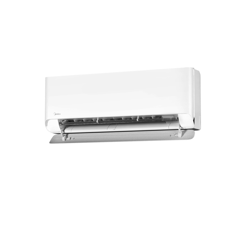 midea breezeless E baltas vidaus blokas MSCB1BU-12HRFN8-QRD1GW su atidarytomis grotelemis