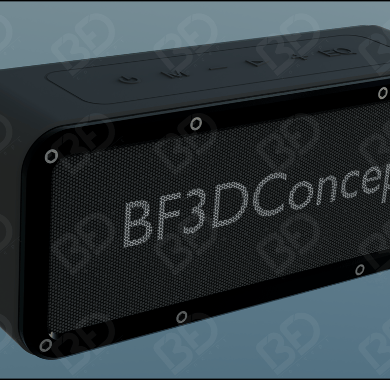 Rendu 3D d’une enceinte Bluetooth personnalisée avec logo BF3DConcept