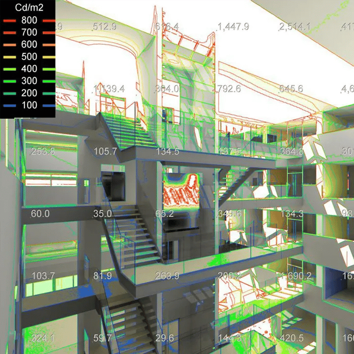 Computer-generated illuminance levels in the interior of a multistory building.