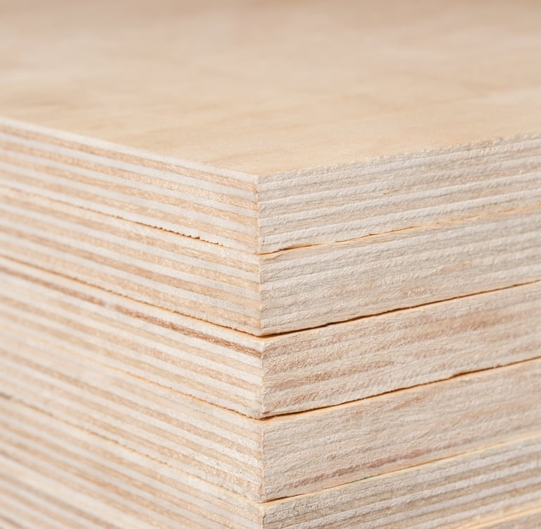 Close-up stack of light-colored birch plywood sheets showing layered wood grain edges for carpentry.