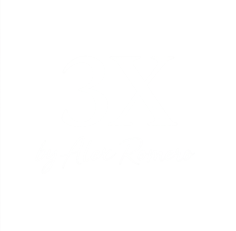 Official 3X by Alex Romero minimalist brand logo featuring white serif and script text on a black background.
