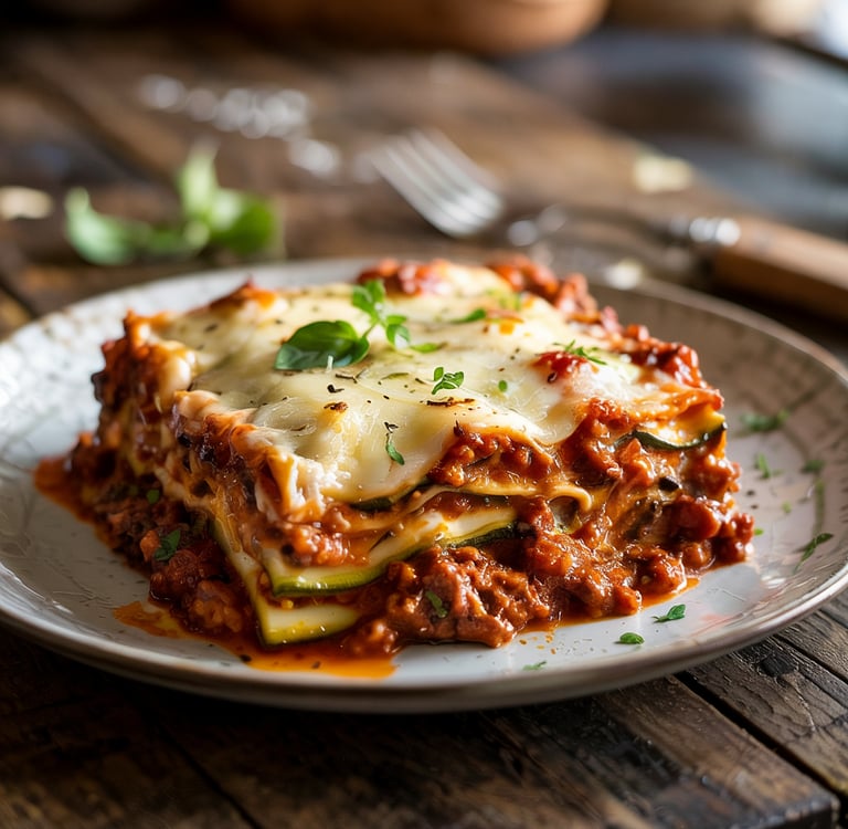 Slice of keto zucchini lasagna with layers of meat sauce and cheese.