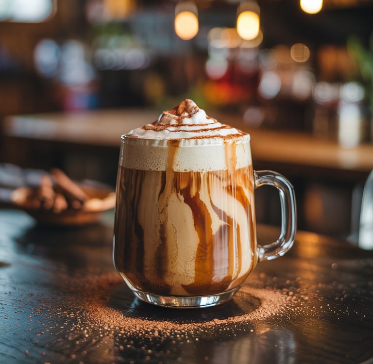 Creamy Lion’s Mane Vanilla Maple Latte in a ceramic mug, topped with cinnamon, placed on a rustic wo