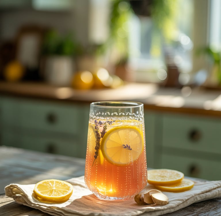 A refreshing glass of homemade healthy lemonade infused with lemon slices,fresh ginger, and lavender