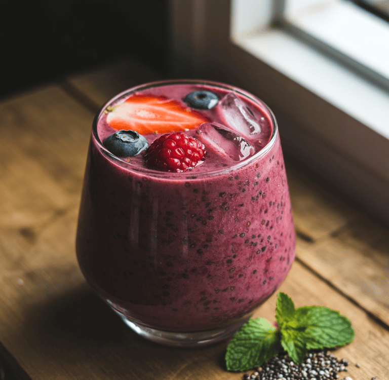 Chia berry smoothie in a glass topped with fresh strawberries, blueberries, and raspberries