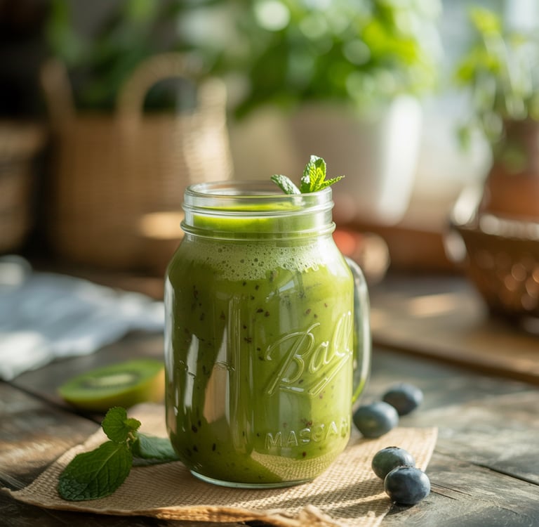 A vibrant green matcha smoothie in a mason jar garnished with fresh mint,blueberries and sliced kiwi