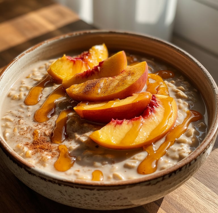A bowl of Peach Chai Glow Overnight Oats topped with fresh peach slices, a drizzle of golden honey