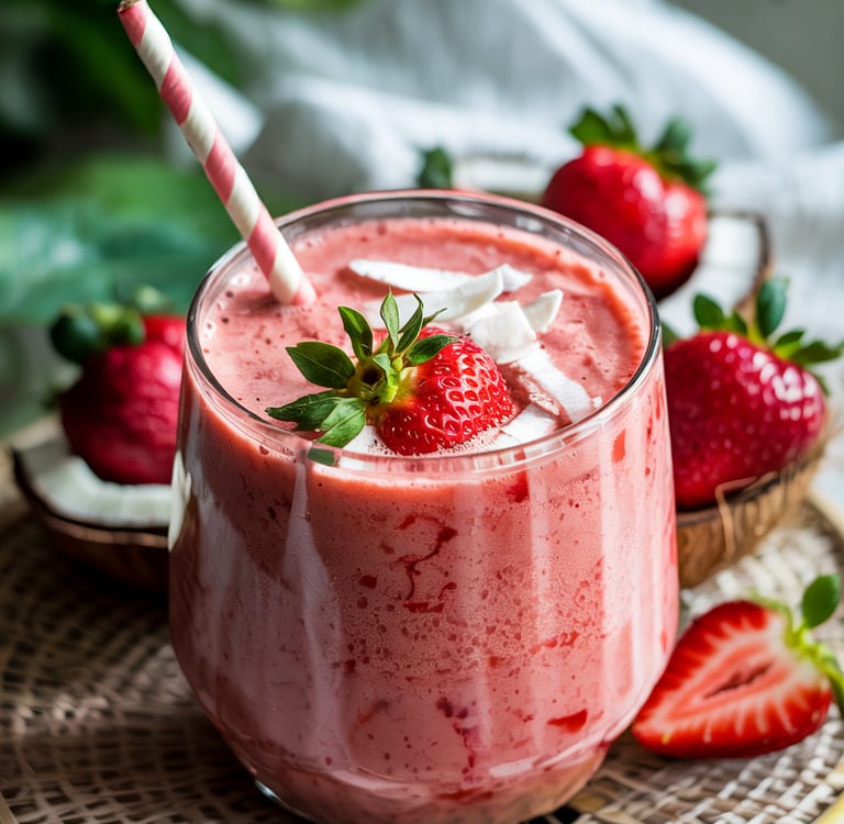 Creamy strawberry coconut smoothie in a glass topped with fresh strawberries and coconut flakes