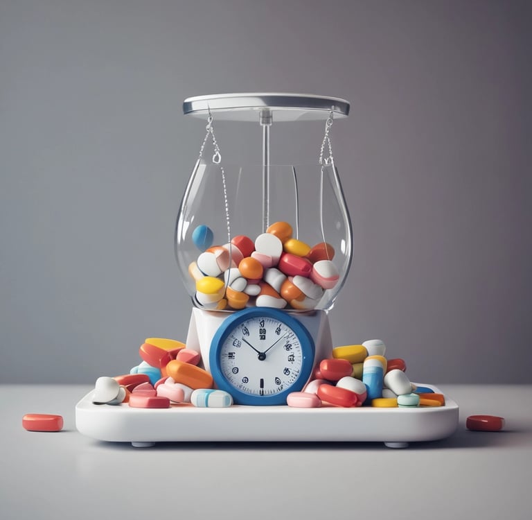 weighing scale with pills dropping into it 