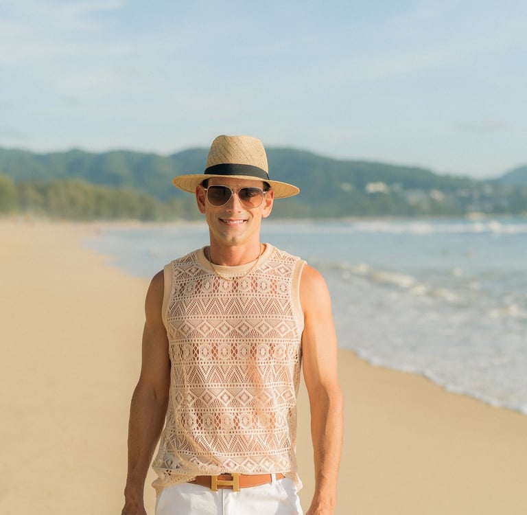 Rick Silvia wearing a sun hat on a beach in Thailand