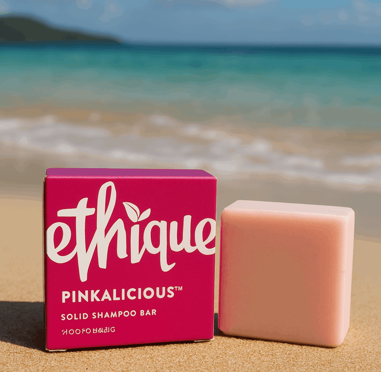A bar of Ethique Pinkalicious shampoo sitting in the golden sands of a Thai beach 