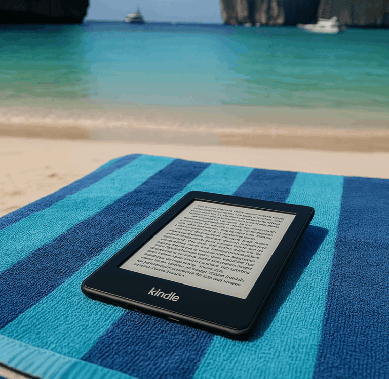 A Kindle Paperwhite on a beach towel on a Thai Beach with the ocean in the background