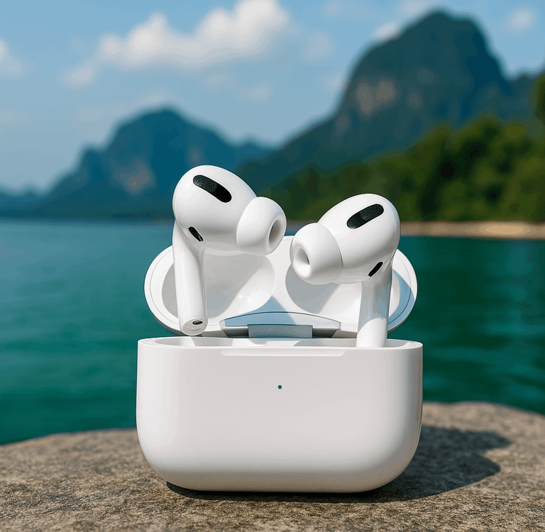 AirPods Pro 2 sitting on a stone on a Thailand Beach with the ocean in the background