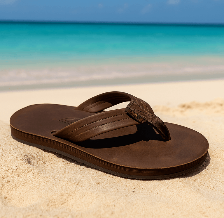A leather Rainbow Sandal in brown sitting in the sands of a Thai beach with the turquoise waters