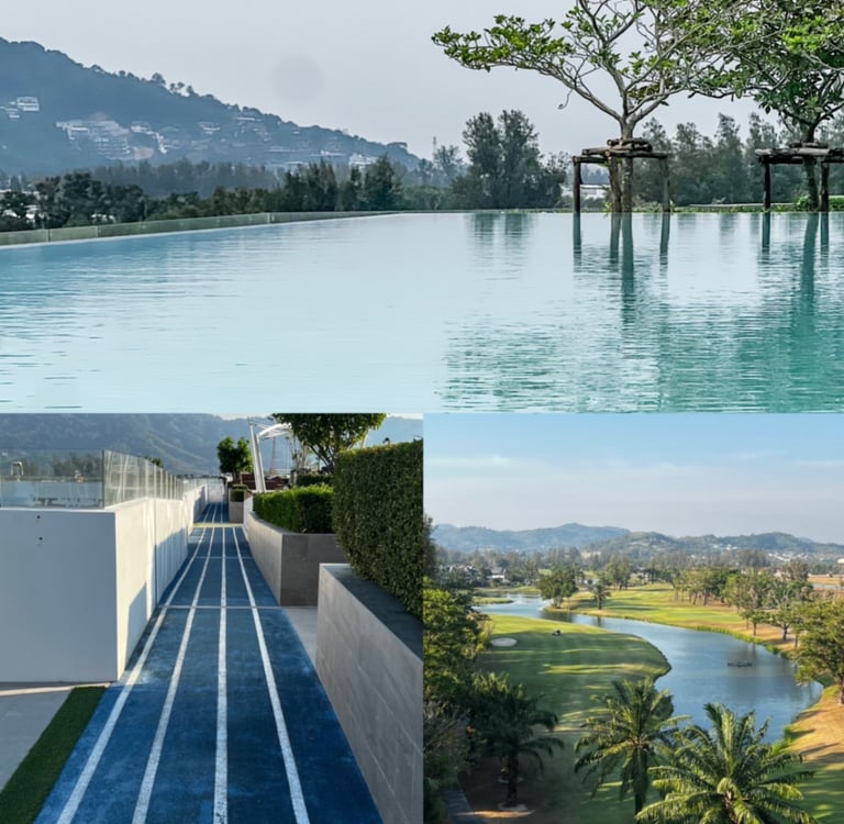 A building top with a jogging track, infinity pool and mountain range in the background