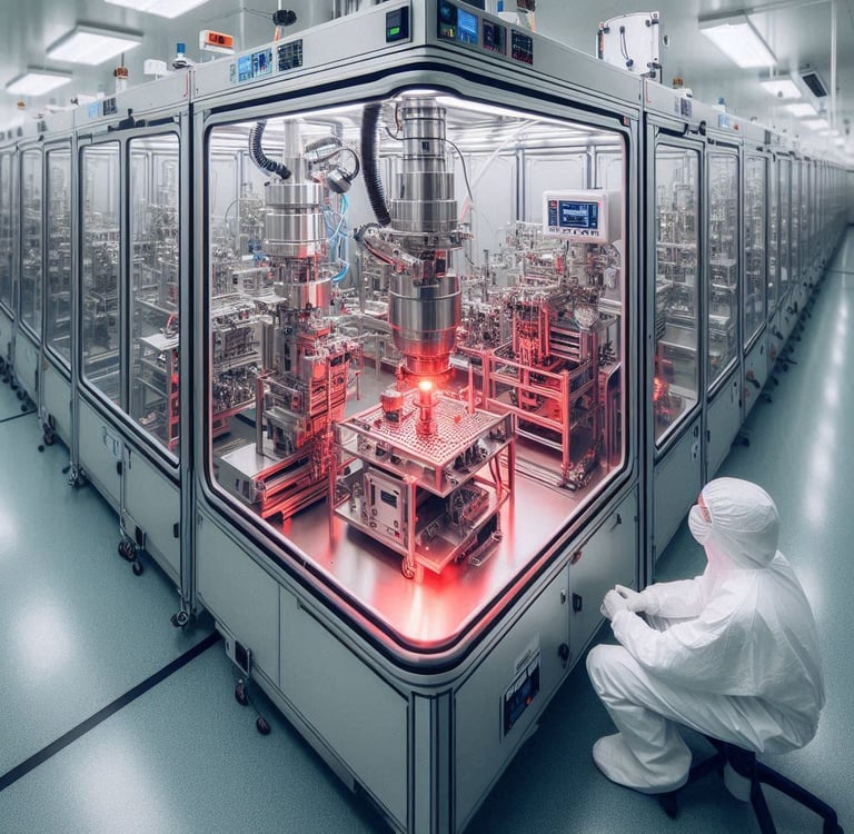 Automated cleanroom production line. Medical device assembly in aseptic environment.