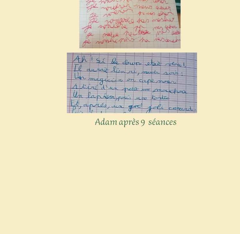 Images de l'écriture de Adam avant et après un suivi en graphopédagogie.
