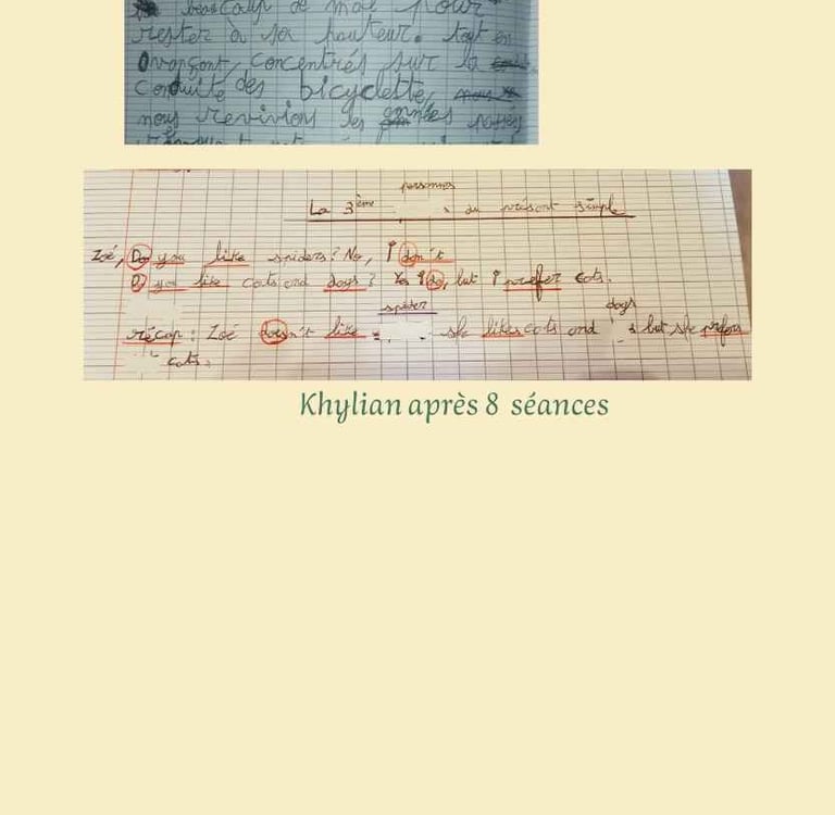 Images de l'écriture de Khylian avant et après un suivi en graphopédagogie.