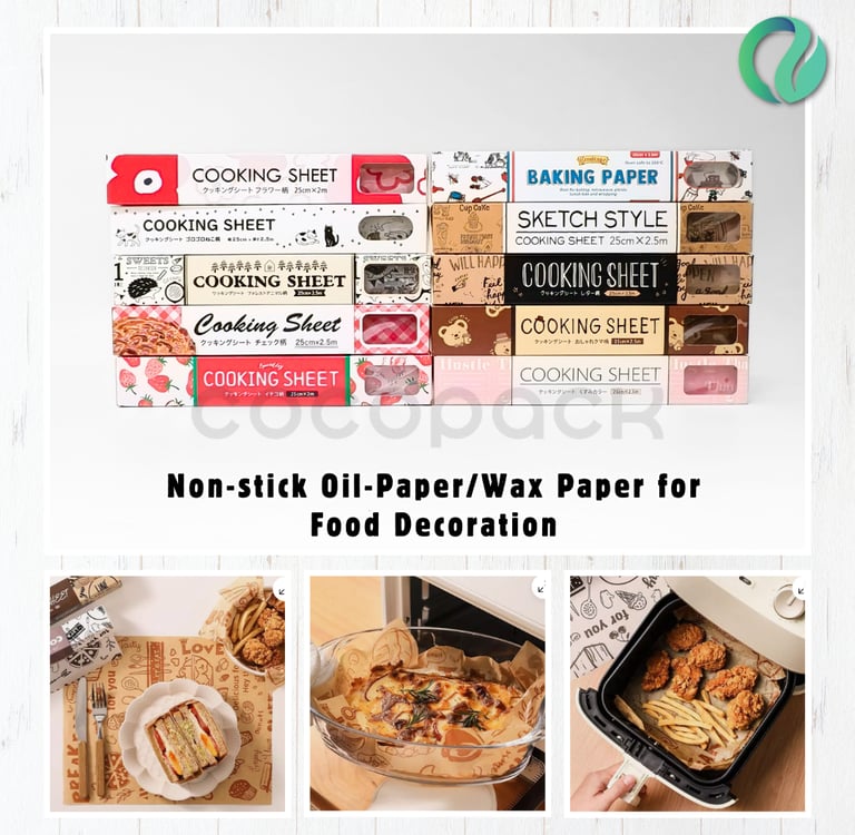 Non-stick decorative wax paper and cooking sheets used for air fryers and food presentation.