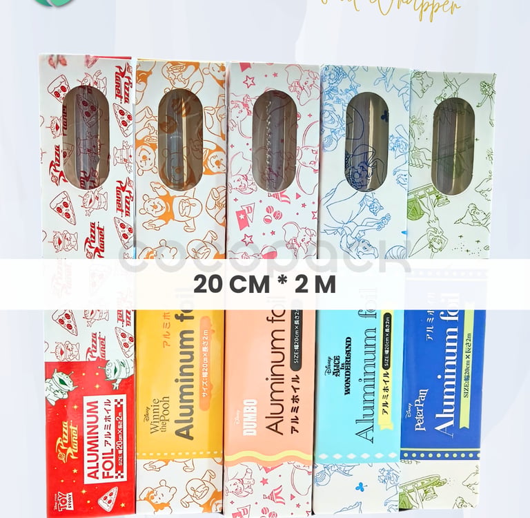 Variety of Disney themed decorative aluminum foil rolls including Toy Story and Winnie the Pooh designs.