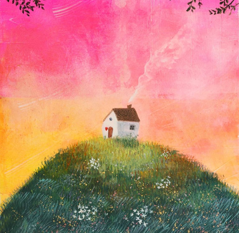 house on hill - whimsical wall art uk