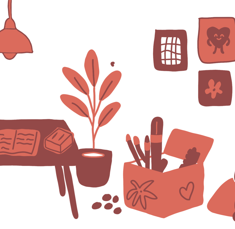 illustration d’un bureau créatif avec fournitures, plantes et décorations murales