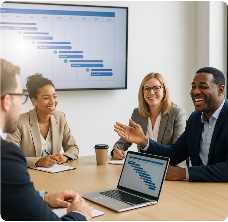 Team of business professionals reviewing Gantt chart during ERP project planning and success meeting