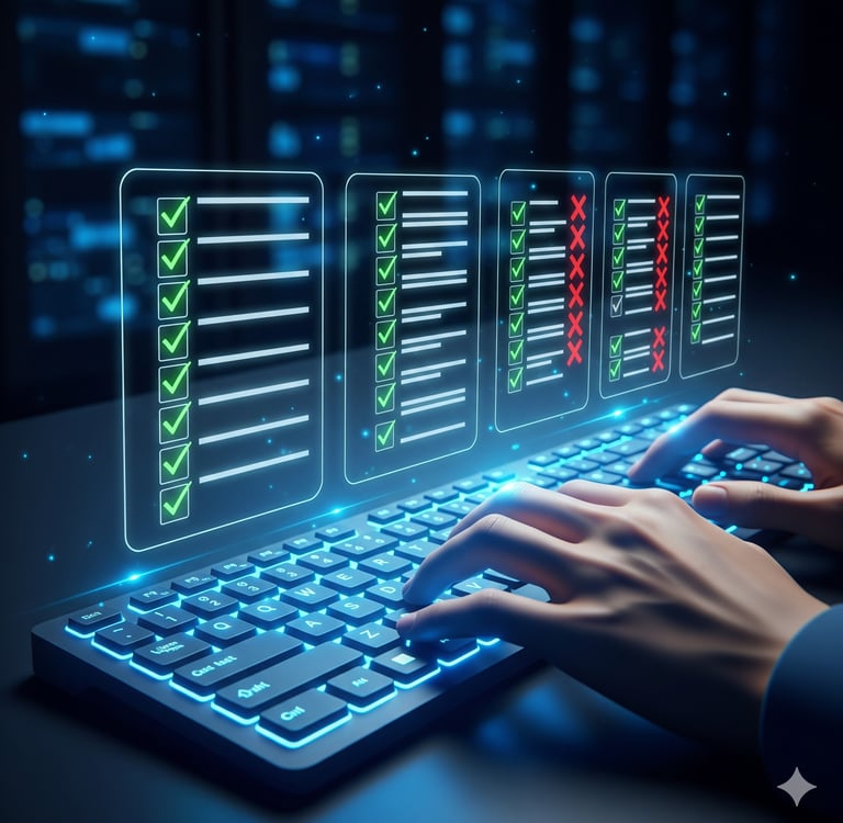 Advisor reviewing digital checklists, symbolizing ERP vendor evaluation and fit-gap analysis