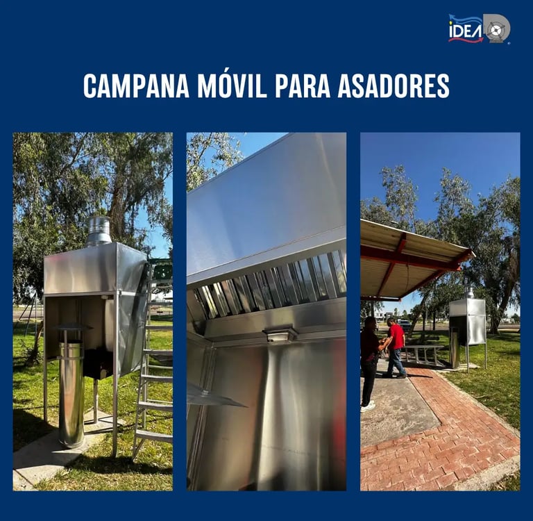 Campana móvil de acero galvanizado para asador instalada en área exterior para extracción de humo