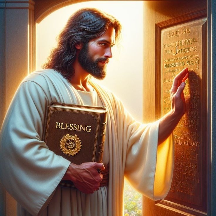 Jesus knocking on the door with blessing