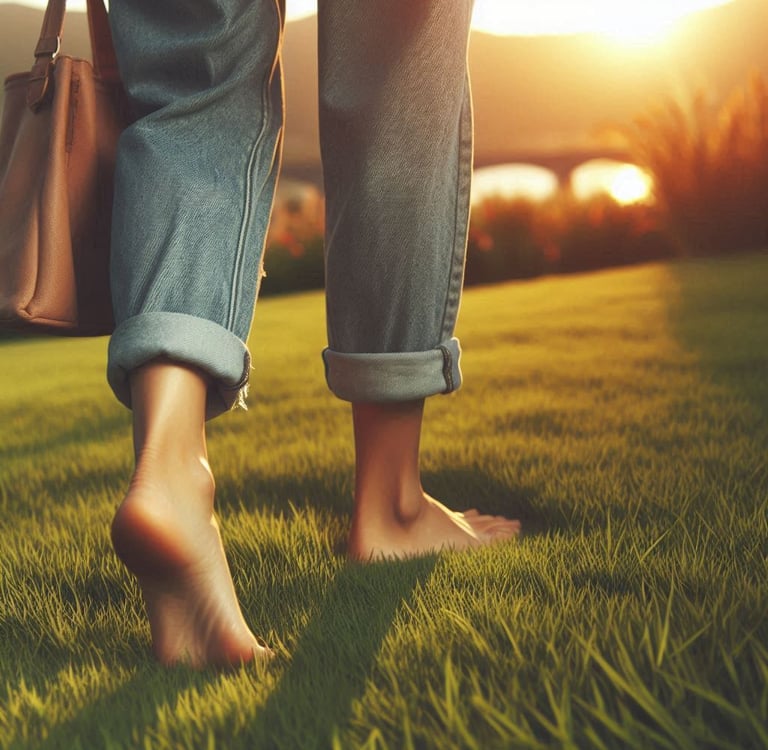 a person walking on a grassy field with a handbag