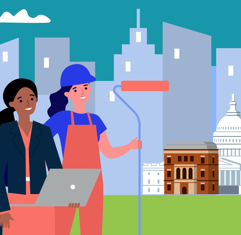 Illustration of three workers standing in front of a city