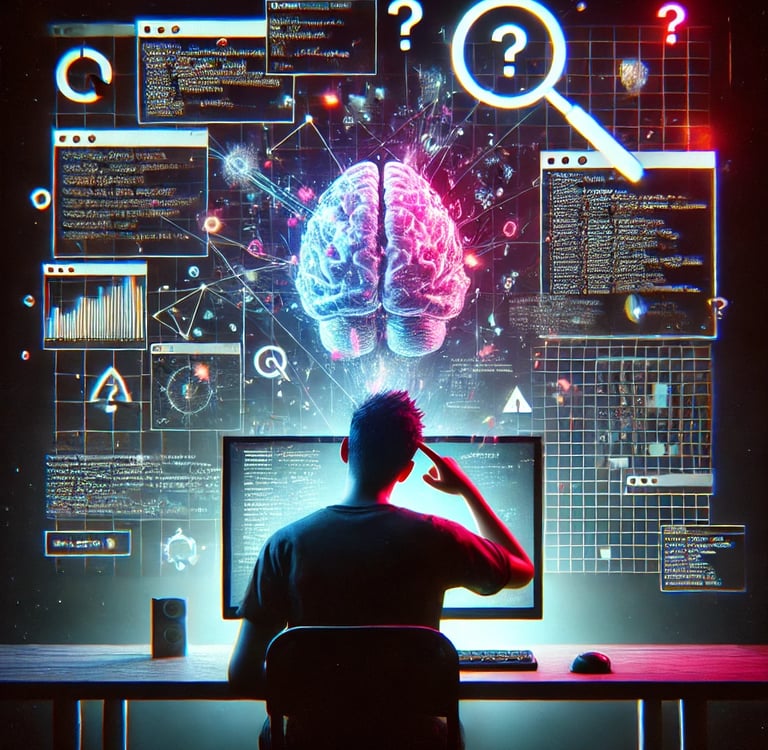 Persona confundida frente a un ordenador que muestra información caótica de IA.