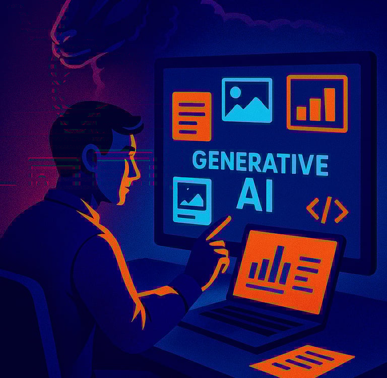 Persona trabajando con herramientas de IA generativa mientras produce resultados prácticos.