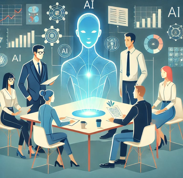 Equipo de profesionales colaborando con una IA representada como un holograma.