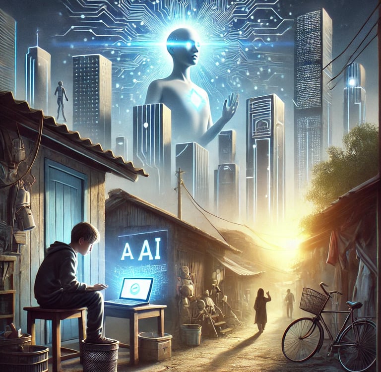 Ilustración de una persona con recursos limitados intentando acceder a tecnología avanzada desde un dispositivo antiguo.