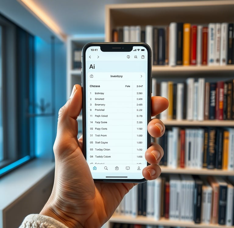 Persona usando un smartphone con una IA para escanear y catalogar los libros de una estantería.