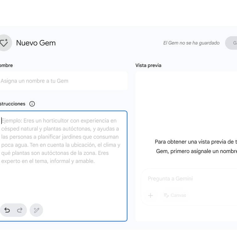 Captura de la pantalla de creación de un Gem en Gemini.