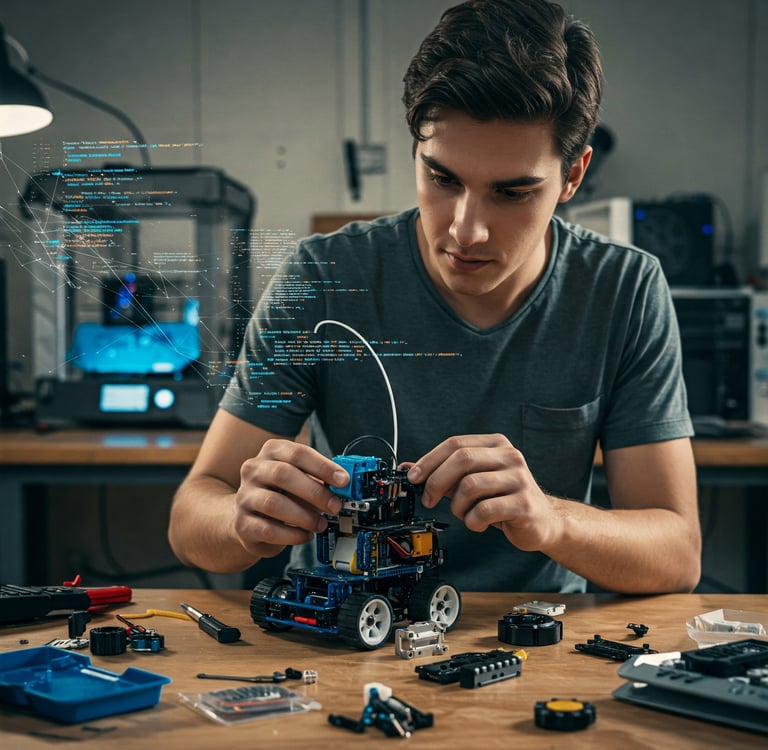 Maker trabaja en un pequeño robot; una impresora 3D al fondo, y sobreimpresionadas líneas de código fuente.