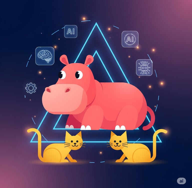 Hipopótamo rosa sobre triángulo con gatos amarillos, ilustrando conceptos de IA generativa y prompts.